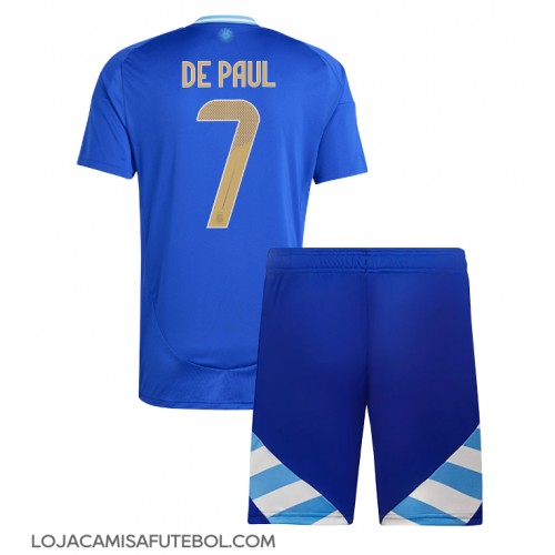 Camisa de Futebol Argentina Rodrigo De Paul #7 Equipamento Secundário Infantil Copa America 2024 Manga Curta (+ Calças curtas)